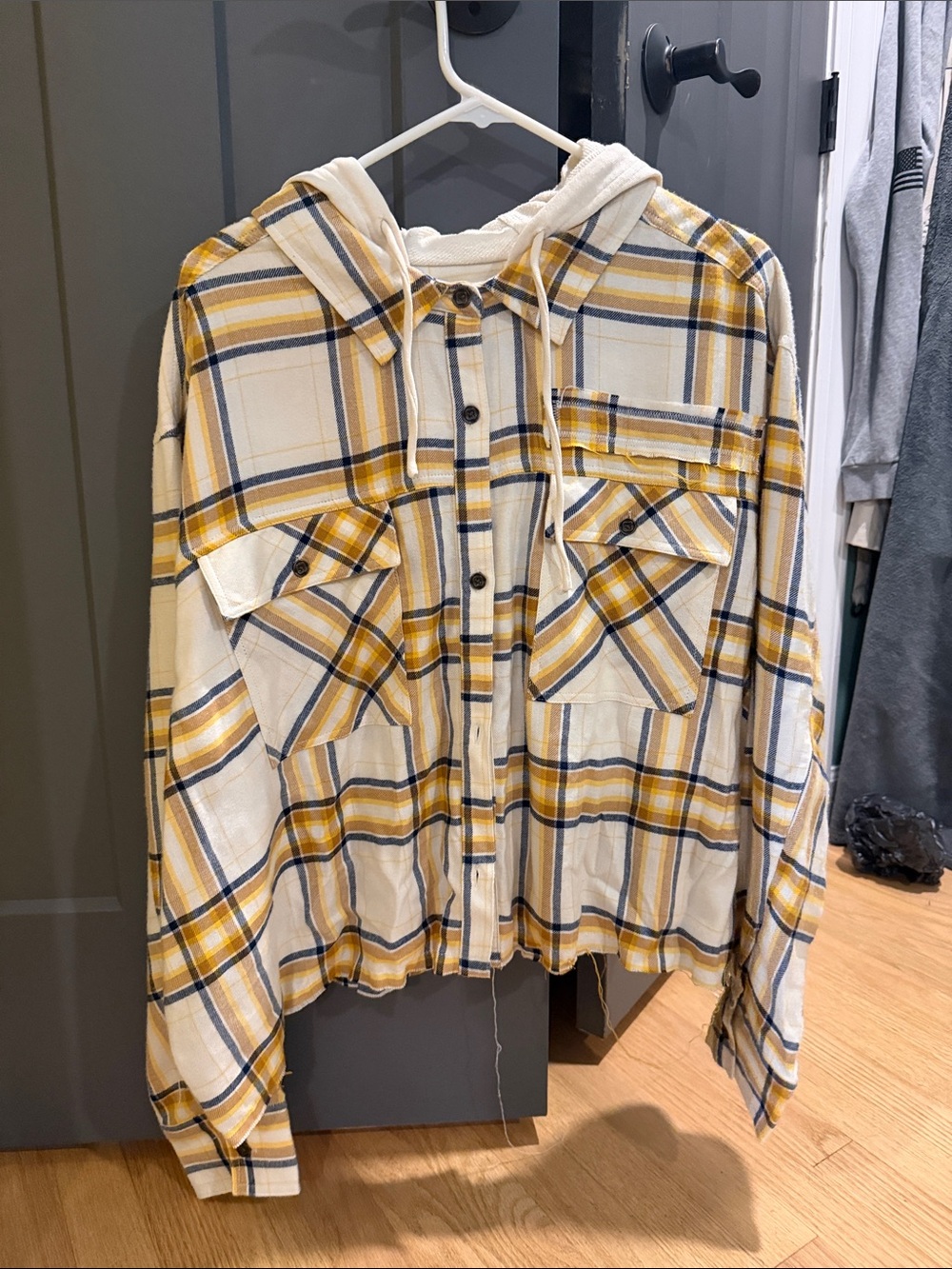 Yellow & Navy Plaid Hooded Button-Up Shirt Jacket